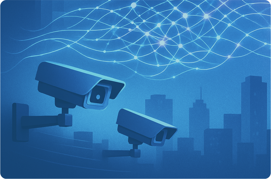 A modern abstract illustration representing AIdriven security and intelligence glowing neural network lines flowing over CCTV cameras and urban cityscapes futuristic digital layers gradient blues and purples minimal yet sophisticated design editori